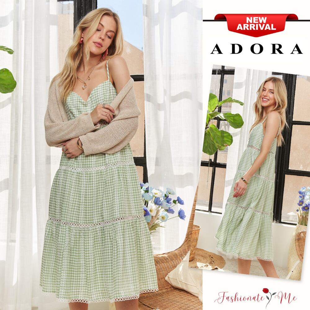 ADORA Sleeveless Gingham Check Print Side Zipper Washed Midi Dress | Light Green